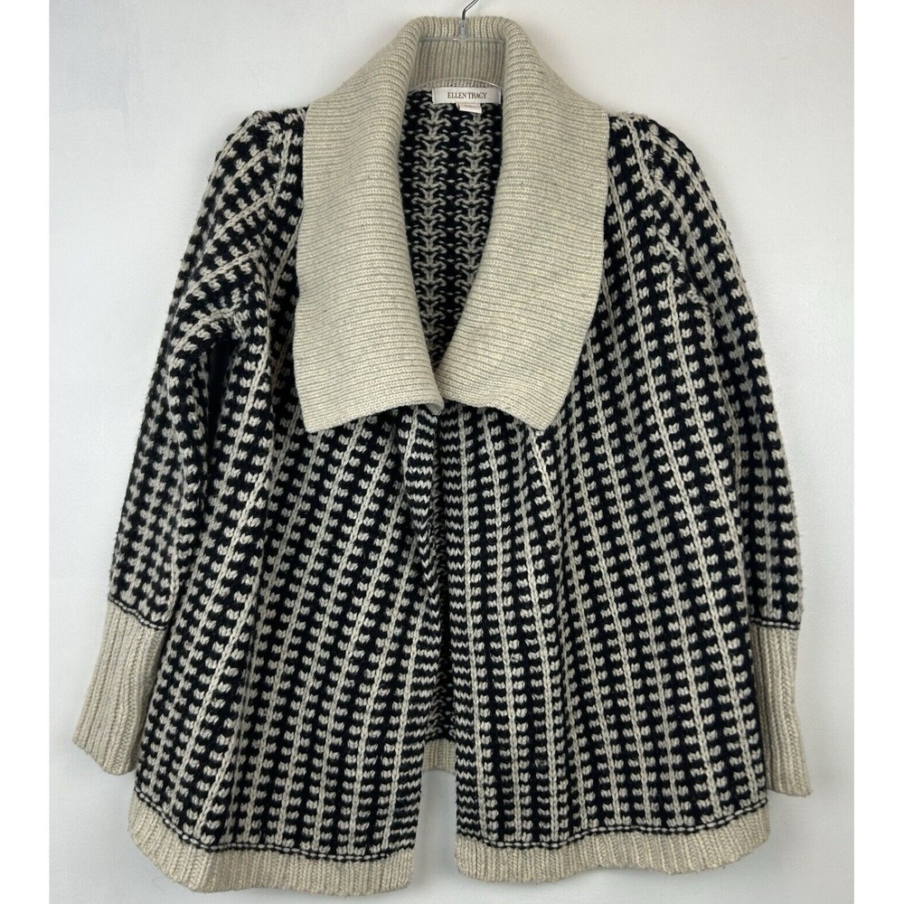 Sweater Womens M Chunky Open Cardigan Lambswool Blend Knit Black Ivory